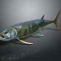 Realistic Large Blue Green Fish With Open Mouth Yellow Fins And Tail On Gray Background