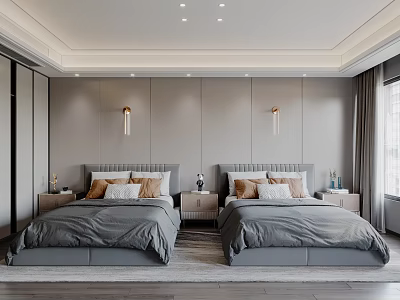 Modern Hotel Guest Room With Twin Beds Gray Bedding Nightstands And Wall Sconces 3d model