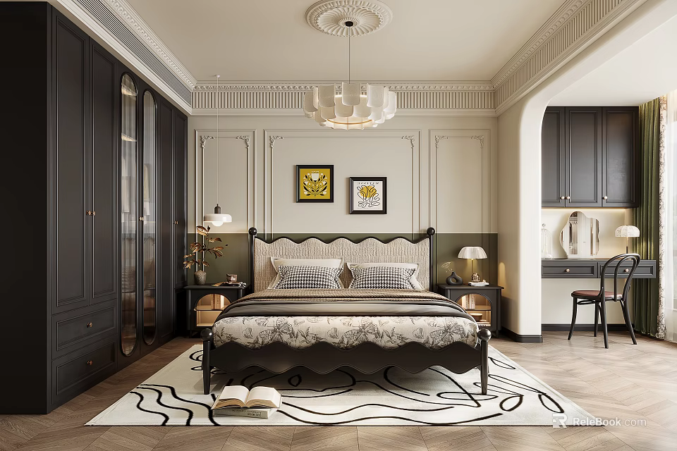 Elegant Bedroom With Dark Wardrobes Chandelier Framed Art Bedside Tables And Rug 3d model 