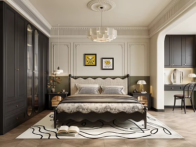 Elegant Bedroom With Dark Wardrobes Chandelier Framed Art Bedside Tables And Rug 3d model