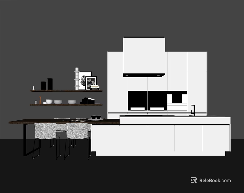 Modern Kitchen Bar Counter With White Cabinets Black Countertop And Bar Stools 3d model 