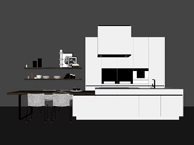 Modern Kitchen Bar Counter With White Cabinets Black Countertop And Bar Stools 3d model