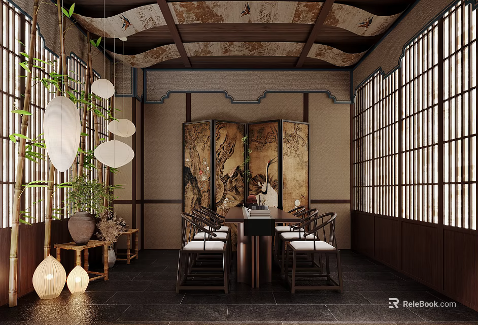 Traditional Chinese Interior Featuring Wooden Screen Lanterns Lattice Windows And Dining Table 3d model 