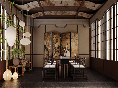 Traditional Chinese Interior Featuring Wooden Screen Lanterns Lattice Windows And Dining Table 3d model