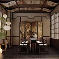 Traditional Chinese Interior Featuring Wooden Screen Lanterns Lattice Windows And Dining Table