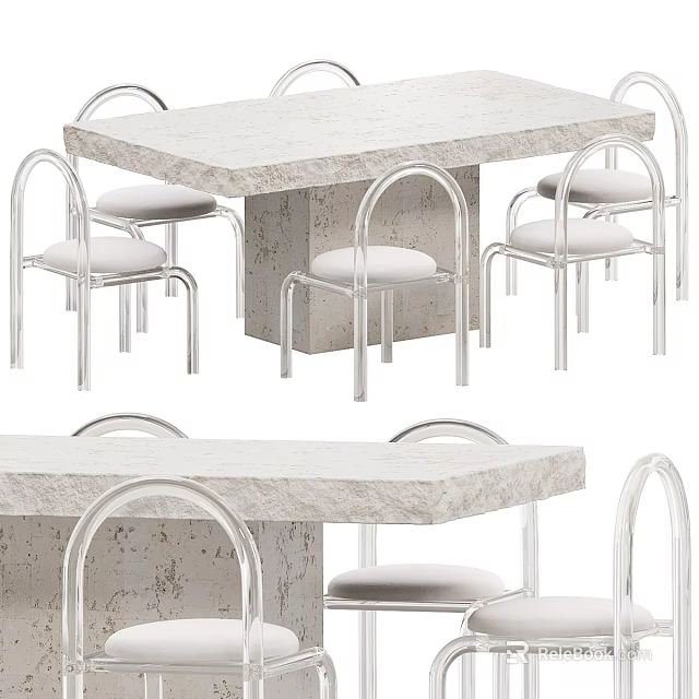 Modern Dining Table and Chairs Set With Stone Top And Metal Frame Upholstered Seats 3d model 