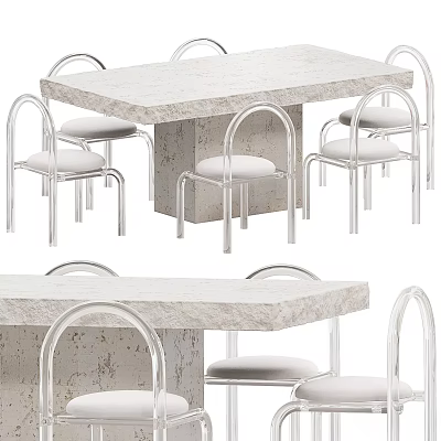 Modern Dining Table and Chairs Set With Stone Top And Metal Frame Upholstered Seats 3d model