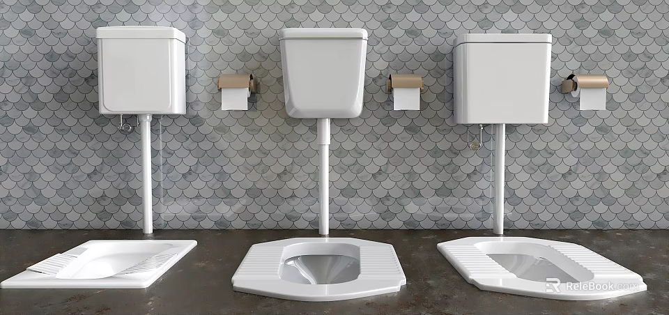 Three White Toilets With Toilet Paper Holders Against Gray Fish Scale Tile Wall 3d model 