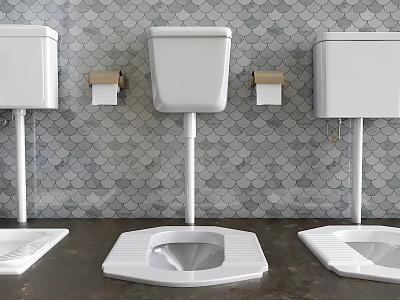 Three White Toilets With Toilet Paper Holders Against Gray Fish Scale Tile Wall 3d model