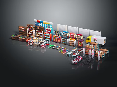 Varied Retail Store Components Featuring Shelves Product Displays Carts And Checkout Units 3d model