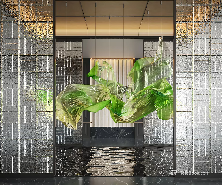 Vibrant Green Hanging Sculpture In Modern Space With Glass Walls And Water Reflection 3d model 