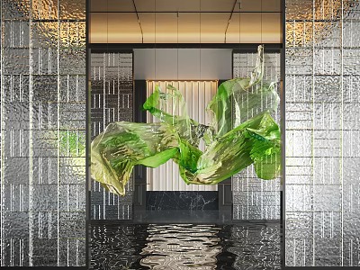 Vibrant Green Hanging Sculpture In Modern Space With Glass Walls And Water Reflection 3d model
