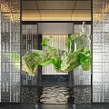 Vibrant Green Hanging Sculpture In Modern Space With Glass Walls And Water Reflection