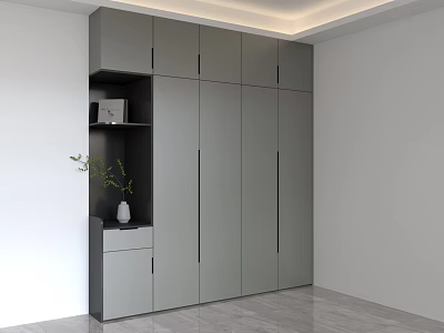Modern Gray Wardrobe with Multiple Doors Drawers and Side Storage Unit Vase Green Plant 3d model