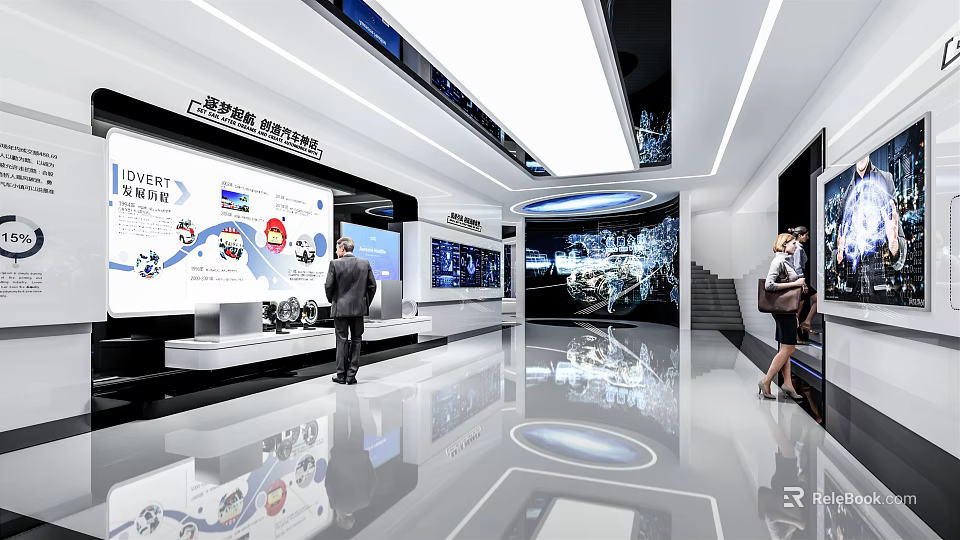 Modern Exhibition Hall Interior With Display Screens And Visitors Exploring Exhibits 3d model 