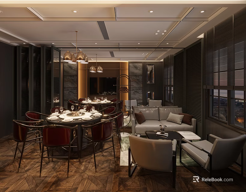 Luxurious Private Room Interior With Dining Table Sofa Modern Chandelier And Wooden Floor 3d model 