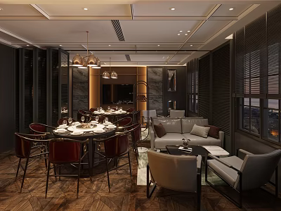 Luxurious Private Room Interior With Dining Table Sofa Modern Chandelier And Wooden Floor 3d model