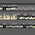 Gray Wall Wine Rack With Multiple Shelves Filled With Various Wine Bottles And Glasses