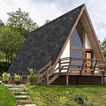 Misty Lakeside Detached Villa Featuring Triangular Roof Wooden Structure And Trees