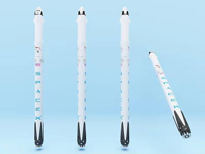 SpaceX Rocket Models Three Standing and One Tilted on Blue Background 3d model