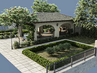 Serene Garden Landscape With Arched Pavilion Tile Roof Trimmed Shrubs Stone Pathway And Greenery 3d model