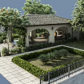 Serene Garden Landscape With Arched Pavilion Tile Roof Trimmed Shrubs Stone Pathway And Greenery