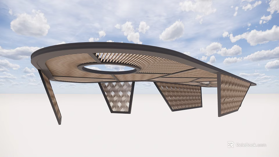 Modern Pergola Design With Curved Roof Wooden Lattice And Circular Opening Structure 3d model 