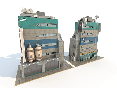 Cartoon Scene Of Multi Story Industrial Buildings With Green Gray Exteriors And Storage Tanks 3d model