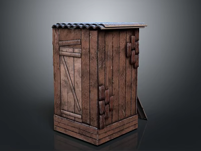 Rustic Wooden Storage Structure With Corrugated Roof Plank Walls And Decorative Door 3d model