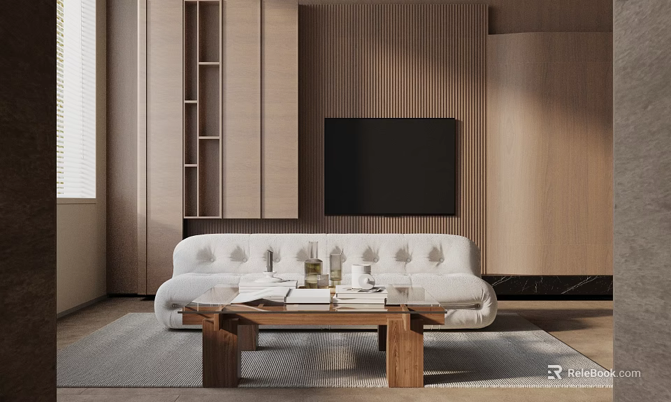 Modern Living Room Interior With White Sofa Wooden Coffee Table TV And Wooden Accent Wall 3d model 
