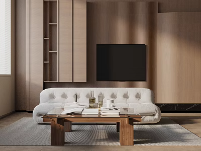 Modern Living Room Interior With White Sofa Wooden Coffee Table TV And Wooden Accent Wall 3d model