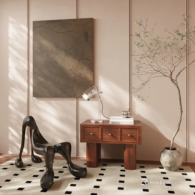 Bedside Table With Table Lamp Books And Black Sculpture Near Potted Tree On Checkered Rug 3d model 