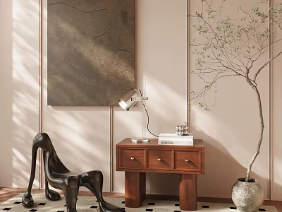 Bedside Table With Table Lamp Books And Black Sculpture Near Potted Tree On Checkered Rug 3d model