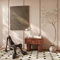 Bedside Table With Table Lamp Books And Black Sculpture Near Potted Tree On Checkered Rug
