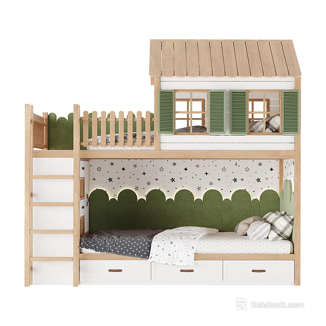 Wooden House Shaped Bunk Bed With Green Star Patterned Headboard And Storage Drawers 3d model 
