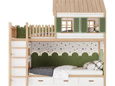 Wooden House Shaped Bunk Bed With Green Star Patterned Headboard And Storage Drawers 3d model