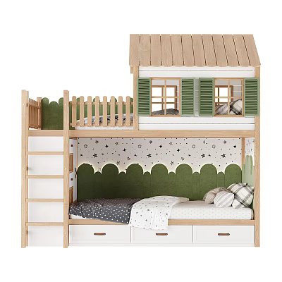 Wooden House Shaped Bunk Bed With Green Star Patterned Headboard And Storage Drawers 3d model