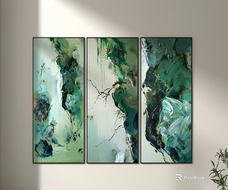 Three Panel Abstract Green Paintings for Home Wall Interior Decor 3d model 