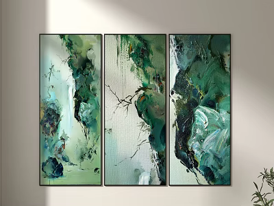 Three Panel Abstract Green Paintings for Home Wall Interior Decor 3d model