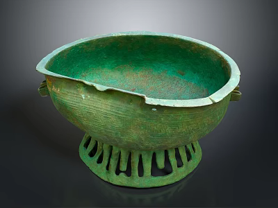 Ancient Bronze Sculpture Bowl Shaped Vessel With Green Patina Side Handles And Decorative Base 3d model