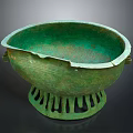 Ancient Bronze Sculpture Bowl Shaped Vessel With Green Patina Side Handles And Decorative Base