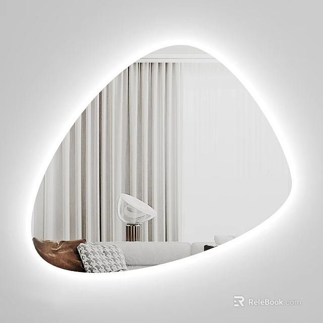 Modern Irregular Mirror Reflecting White Curtains Sofa Pillows And Lamp 3d model 