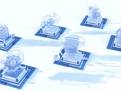 Modern Transparent Blue Decorative Ornament Set With Geometric Bases And Display Stands 3d model