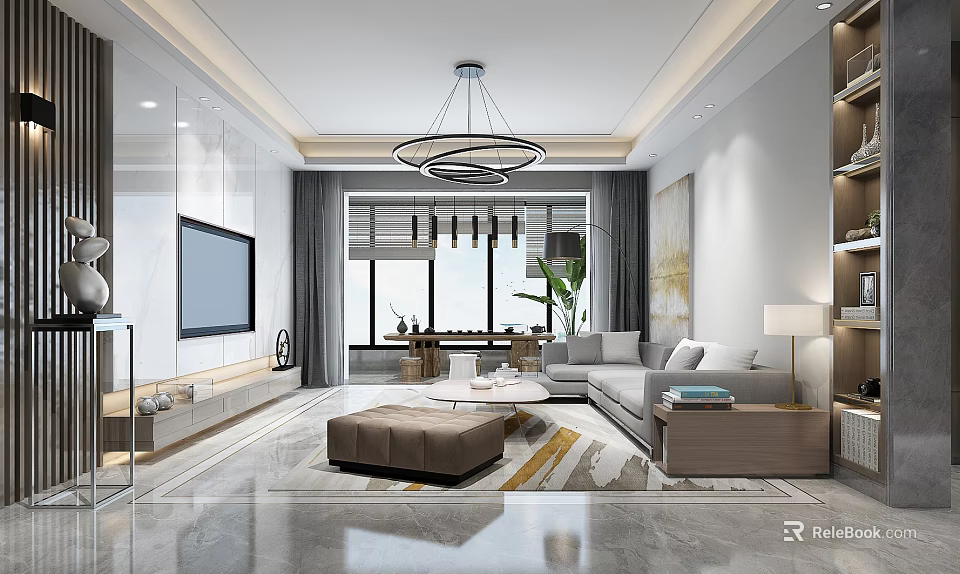 Modern Living Room Interior Featuring Gray Curtains And Window Blinds Design 3d model