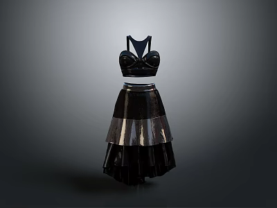 Elegant Black Evening Dress With Fitted Bodice And Layered Tulle Skirt 3d model