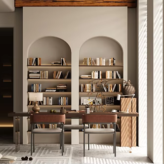 Antique Bookcase Floor Bookcase Desk and Chair Combination Potted Plant 3d model
