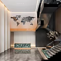 Modern Reception Area Interior Design With Sculpture Staircase And Glass Windows