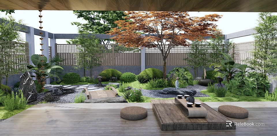 Courtyard Garden With Wooden Floor Round Cushions Stone Coffee Table Maple Tree And Green Plants 3d model 