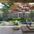 Courtyard Garden With Wooden Floor Round Cushions Stone Coffee Table Maple Tree And Green Plants