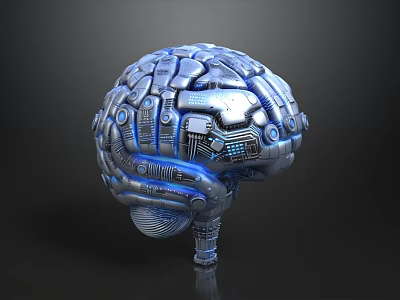 3D Rendered Blue Mechanical Brain With Circuitry And Metallic Structure Design 3d model